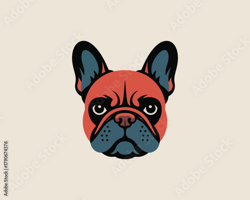 Stylized red and blue french bulldog head vector illustration for design.