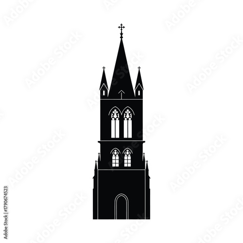 Gothic revival church tower silhouette against white background