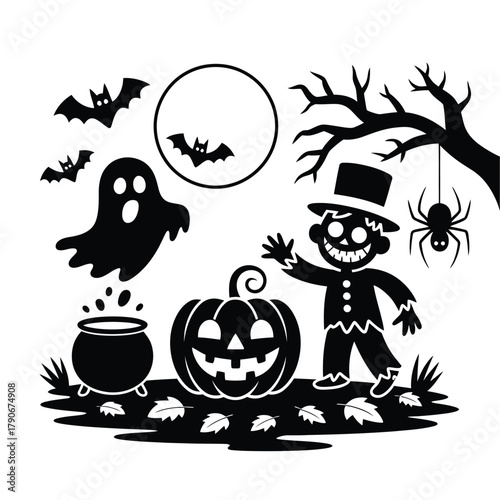 Spooky halloween silhouette with ghost pumpkin scarecrow bats and spider