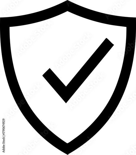 Flat vector icons depicting a shield with a check mark in black on white background