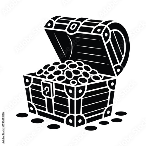 Open treasure chest filled with gold coins and scattered around