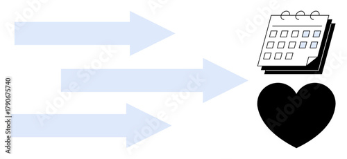 Three arrows pointing toward a calendar and heart icon signify time management, planning, prioritization, goal setting, organization, productivity, and work-life balance in a simple flat metaphor