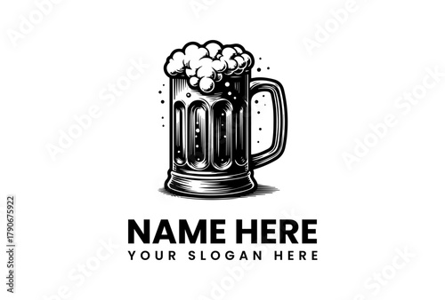 Vintage Styled Beer Mug Vector Logo Design for Brewery or Pub Branding, Featuring Frothy Beverage Illustration in Classic Monochrome Artwork. Customizable EPS Graphic Template