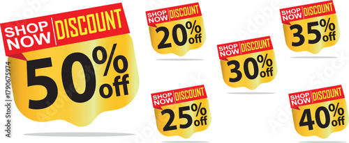 Discount Tags Vector Set, Popup Shop Now Liquid Shape, 50, 20, 35, 30, 25, 40 Off, Red Yellow EPS Element