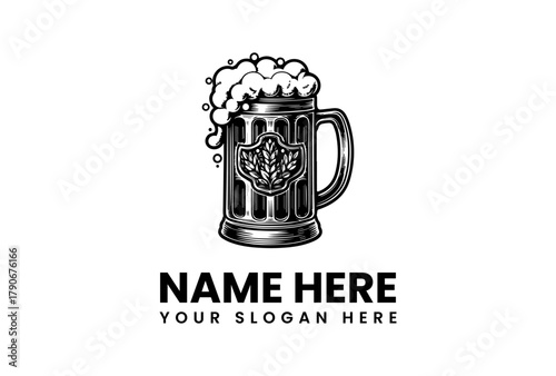 Vintage style vector logo design featuring a frothy beer mug, perfect for craft breweries, pubs, and beverage brands, offering a classic emblem for your business identity