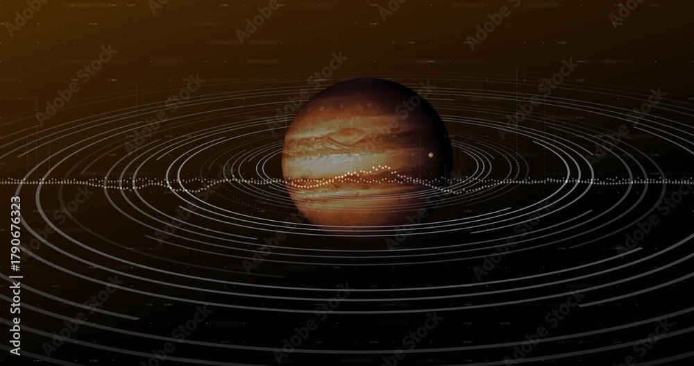 Fototapeta premium Displaying central gas giant rotating in deep space, showing bands, storm, rings, dotted belt, data