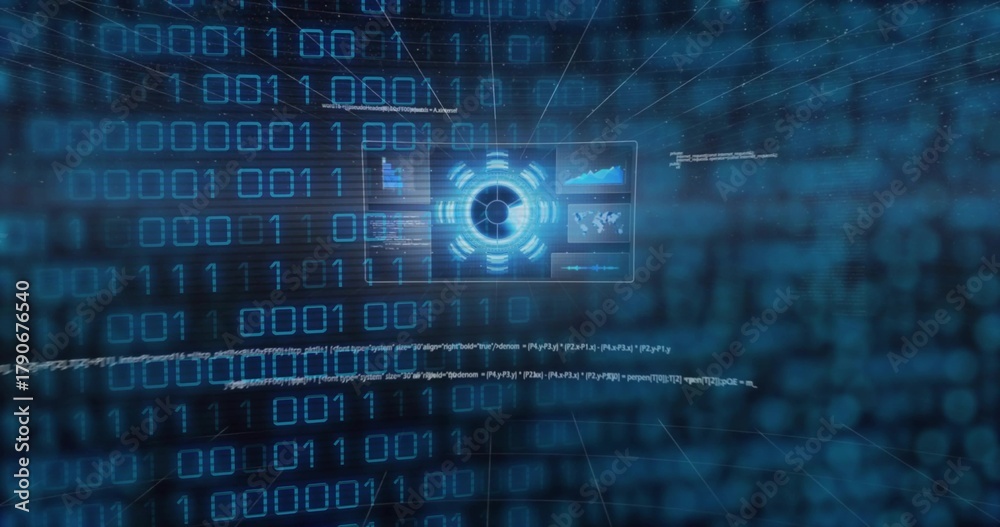 Fototapeta premium Glowing central HUD displaying rings and floating panels in cyberspace amid binary arrays