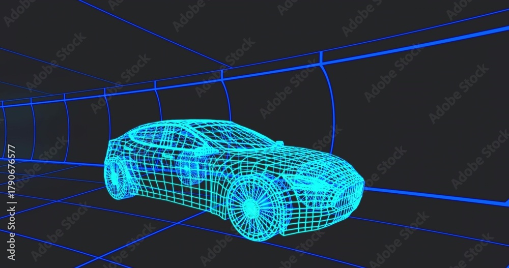 Fototapeta premium Displaying wireframe four-door sedan model sitting inside glowing blue grid tunnel, showing wheels
