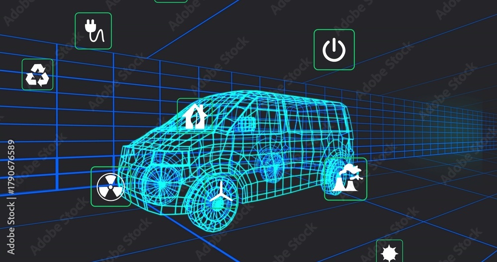 Fototapeta premium Rendering wireframe 3D van model within virtual grid tunnel, showing floating feature icons