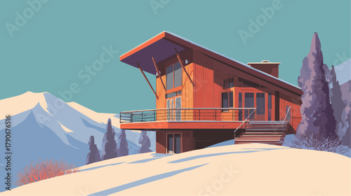 Old wooden ski lodge covered with snow in mountain landscape, flat vector illustration for travel poster, decor or winter packaging