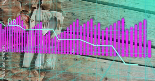 Displaying magenta bar chart overlaying rustic table, showing cyan trend line, cutlery, walnuts