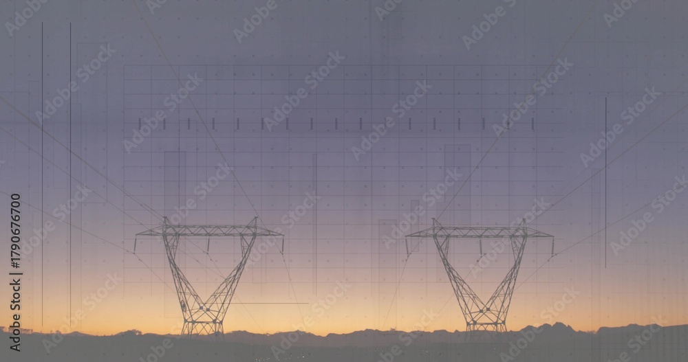 Obraz premium Silhouetting two steel pylons rising on ridge at sunset, with power lines and blueprint overlay