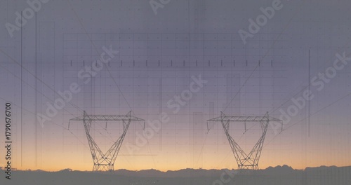 Silhouetting two steel pylons rising on ridge at sunset, with power lines and blueprint overlay