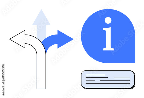 Three diverging arrows symbolize options, paired with an information icon and book. Ideal for guidance, decision-making, learning, direction, navigation, education support. Simple flat metaphor