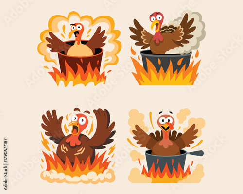 Funny cartoon turkeys panicking in fiery cooking pots, holiday dinner concept