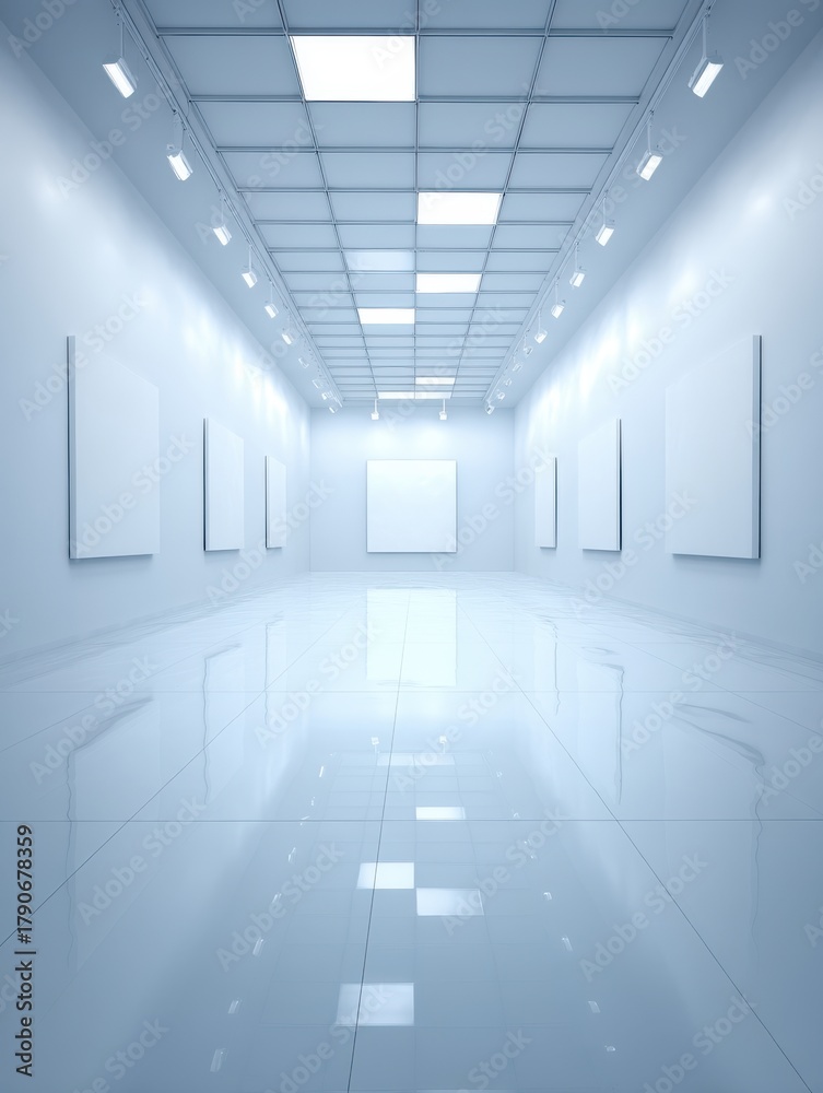 Obraz premium Perspective view of a modern art gallery featuring blank white canvases and glossy tiled floor in a museum setting