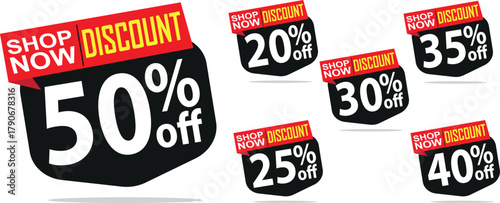 Discount Tags Vector Set, Popup Shop Now Liquid Shape, 50, 20, 35, 30, 25, 40 Off, Red Black EPS Element