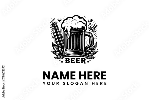 vector logo of a frothy beer mug with barley stalks, perfect for brewery or pub branding