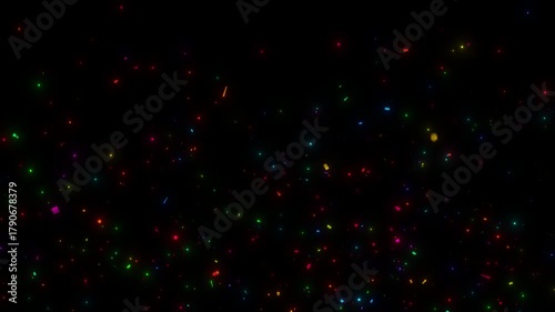 Realistic colorful confetti falling animation in 4K, Vibrant party streamers and paper flakes blast for birthday, wedding, New Year, and festive celebration videos. Transparent alpha channel included.