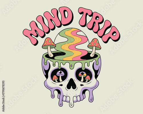 Psychedelic skull mind trip illustration with groovy mushrooms and melting design