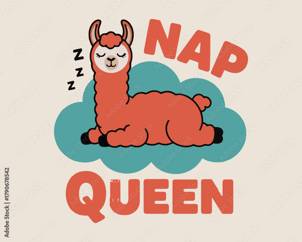 Fototapeta premium Nap queen llama illustration with sleeping animal on a blue cloud design