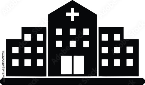 Hospital building silhouette. Medical healthcare center vector icon.