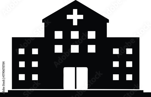 Hospital building silhouette. Medical healthcare center vector icon.