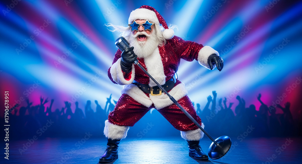 Obraz premium Santa Claus with star glasses sings into a vintage microphone on a stage with crowd silhouettes, representing holiday celebration and festive joy