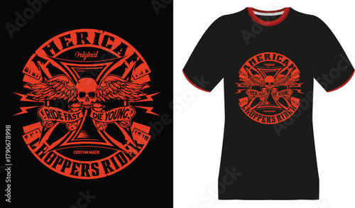 American Choppers Ride Original Skull Wings Ride Fast Die Young T-Shirt Design