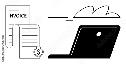 Laptop with invoice and currency sign representing online billing or payment. Ideal for billing, finance, cloud service, accounting, technology, e-commerce, workflow. Simple flat metaphor