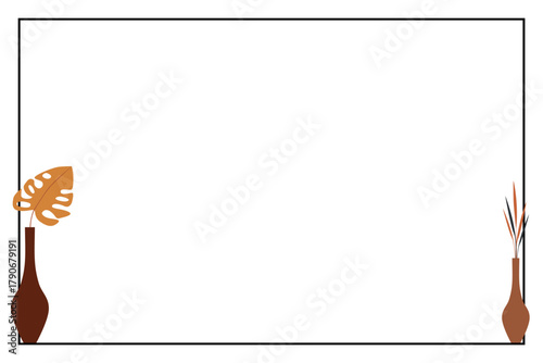 Minimalist frame background with brown vases and dried leaves decoration. Elegant simple border design for poster, invitation, certificate, or presentation layout.
