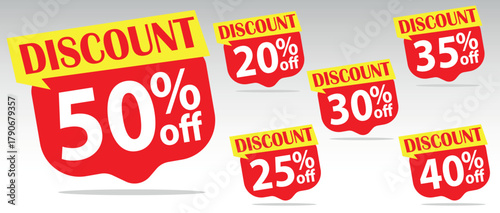 Discount Tags Vector Set, Popup Sale Liquid Shape, 50, 20, 35, 30, 25, 40 Off, Red Yellow EPS Element