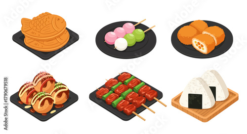 An isometric illustration set featuring classic Japanese snacks like fish-shaped taiyaki, colorful dango, savory takoyaki, grilled yakitori, rice-filled onigiri, and crispy croquettes