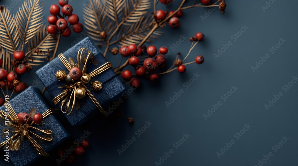 Naklejka premium Christmas gifts decorating with golden branches and red berries