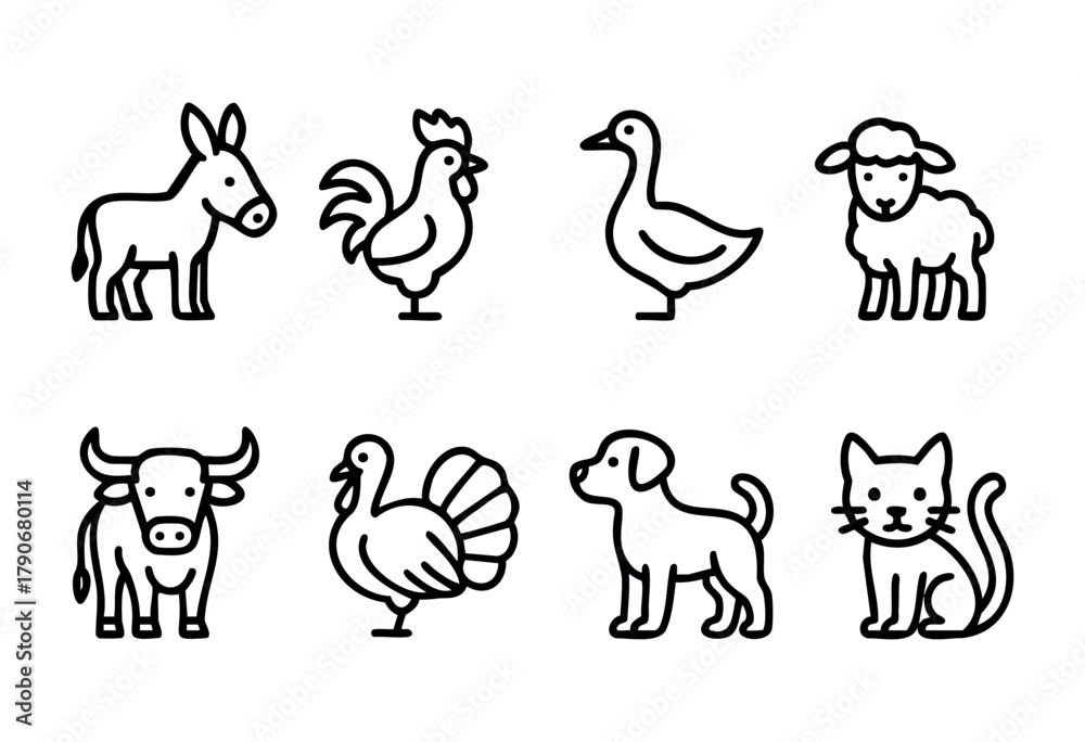 Obraz premium Various farm animal icons are displayed in black and white line art style, including a donkey, rooster, goose, sheep, cow, turkey, dog, and cat, perfect for creative projects.