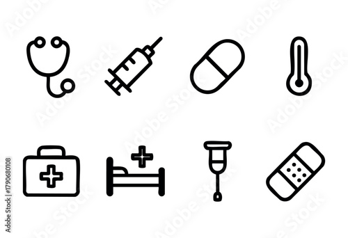 Various medical symbols depict essential healthcare tools such as a stethoscope, syringe, pill, and thermometer, illustrating vital components of patient care.