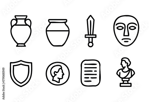 A diverse display of ancient artifacts showcases pottery, weapons, and sculptures, reflecting the rich history and culture of previous civilizations in a simple style.