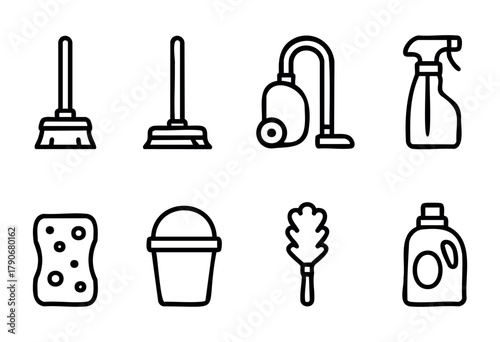 A grid displays various cleaning tools and supplies, including a broom, vacuum, spray bottle, sponge, bucket, duster, and detergent, showcasing essentials for maintaining a tidy home.