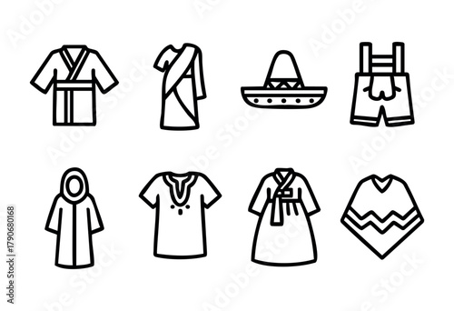 This collection showcases different traditional outfits from diverse cultures, including a kimono, sari, sombrero, and hanbok, highlighting unique fashion elements and designs.