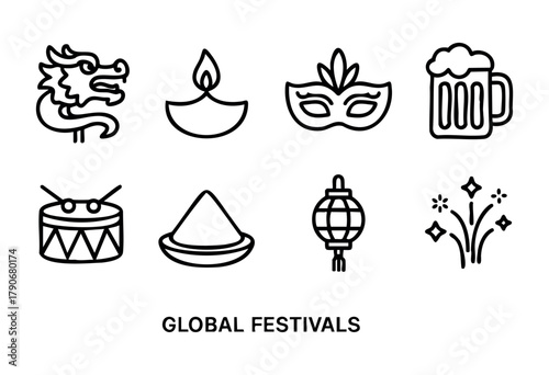This collection features various symbols representing global festivals, including a dragon, candle, mask, beer, drum, pyramid, lantern, and fireworks, capturing cultural diversity.