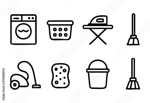 Various cleaning items are displayed in a grid, including a washing machine, laundry basket, vacuum cleaner, sponge, and broom, suitable for household chores and organization.