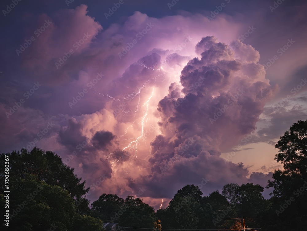 Fototapeta premium Lightning bolt strikes through dramatic storm clouds at dusk over suburban trees low angle nature scene
