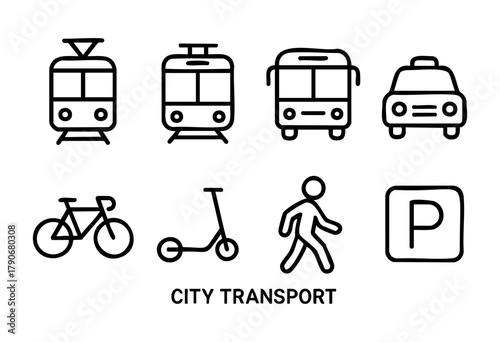 Different transport icons represent a range of city mobility choices. Features include trains, buses, taxis, bicycles, scooters, pedestrians, and parking.