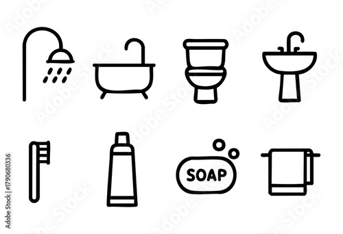 Various bathroom essentials are shown in simple line art. Items include a shower, bathtub, toilet, sink, toothbrush, toothpaste, soap, and towel, highlighting daily hygiene needs.