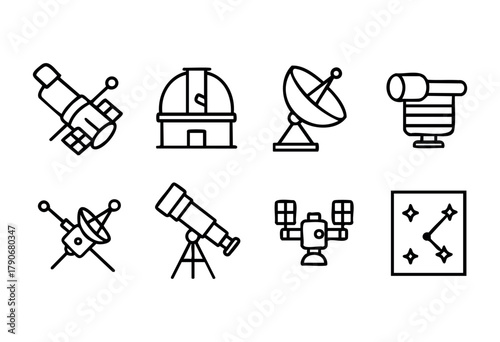 This visual features different types of astronomy instruments including telescopes, observatories, and satellite dishes used for observing stars and planets.