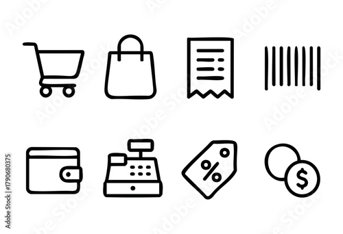 Various symbols depicting shopping-related activities include a cart, bag, receipt, barcode, wallet, cash register, price tag, and coins, highlighting everyday retail elements.