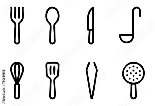 Different kitchen utensils are displayed in a neat grid, featuring a fork, spoon, knife, ladle, whisk, spatula, tweezers, and strainer. This collection illustrates essential cooking tools.