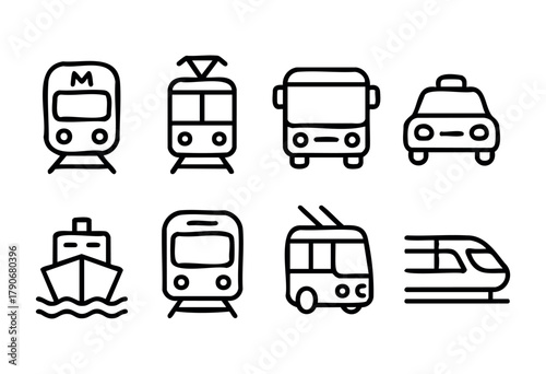 Line drawings showcase different modes of transportation like trains, trams, buses, taxis, and boats, highlighting urban and maritime travel options in a minimalist design.