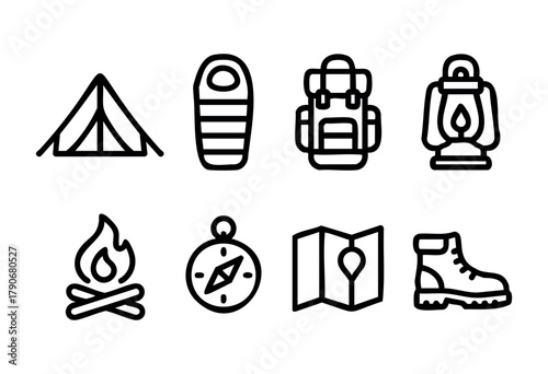 Camping gear for outdoor activities is displayed, featuring a tent, sleeping bag, backpack, lantern, campfire, compass, map, and hiking boot, perfect for an exploration trip.