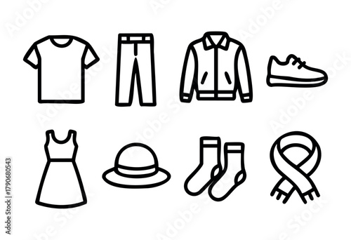 Various clothing items are displayed, including a t-shirt, jeans, jacket, sneakers, dress, hat, socks, and a scarf. These selections suit casual or more formal events.